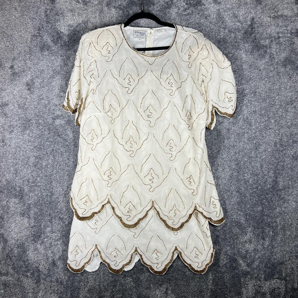 Stenay Plus Set Womens 1X White Beaded Embroidered Chiffon Lined Skirt Top